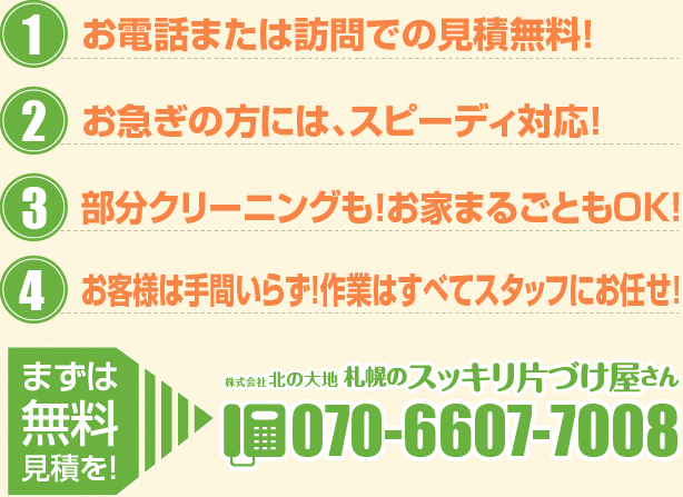 お電話または訪問での見積無料！お急ぎの方には、スピーディ対応！部分クリーニングも、お部屋丸ごともOK！お客様は手間いらず！すべてスッフにお任せ！