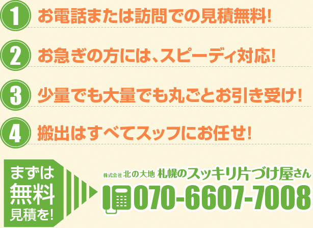 お電話または訪問での見積無料！お急ぎの方には、スピーディ対応！少量でも大量でも丸ごとお引き受け！搬出はすべてスッフにお任せ！