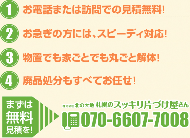 お電話または訪問での見積無料！お急ぎの方には、スピーディ対応！少量でも大量でも丸ごとお引き受け！搬出はすべてスッフにお任せ！