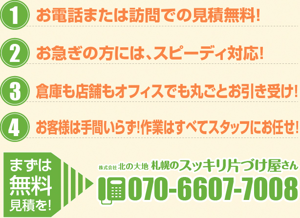 お電話または訪問での見積無料！お急ぎの方には、スピーディ対応！少量でも大量でも丸ごとお引き受け！搬出はすべてスッフにお任せ！